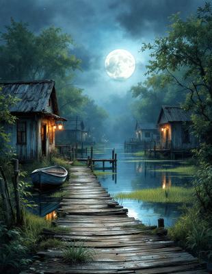 The primary subject of the image is a wooden pier with a boat on it, located near a small village. The setting is a serene, moonlit night with a full moon in the sky. The visual style is a digital art or illustration, creating a peaceful and atmospheric scene. The colors and mood are predominantly dark, with the moonlight providing a soft, warm glow.